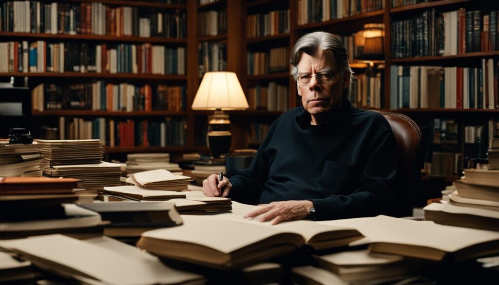 Stephen King writing at his desk